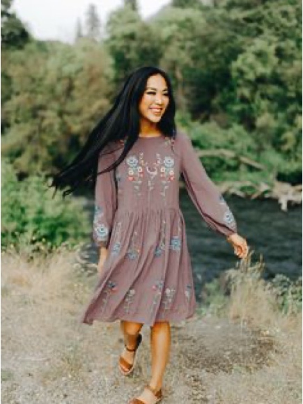 Mauve Floral Embroidered Long-Sleeve Dress